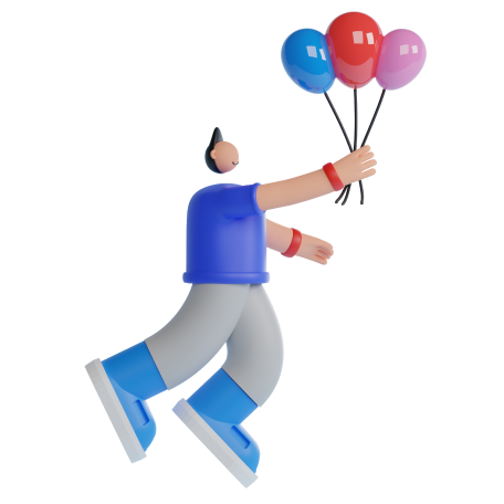 Man floating while holding balloons